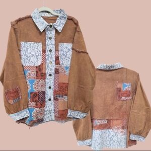 POL Patchwork Shirt in Brown and Blue 100% Cotton